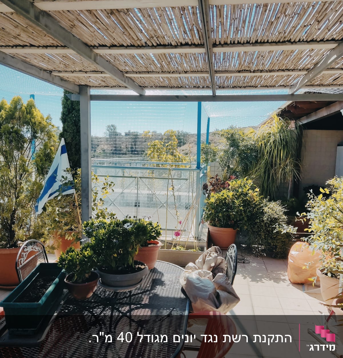 רשת למניעת כניסת יונים במרפסת עם צמחים